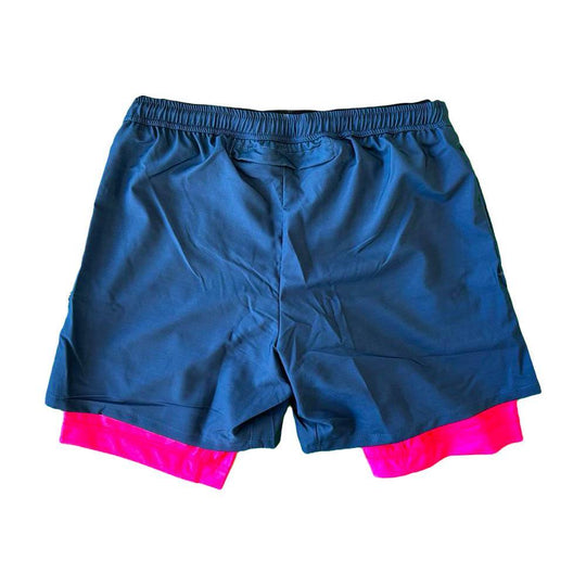 Mens 2-1 Solid Compression Navy with Neon Pink Liner 7" Short