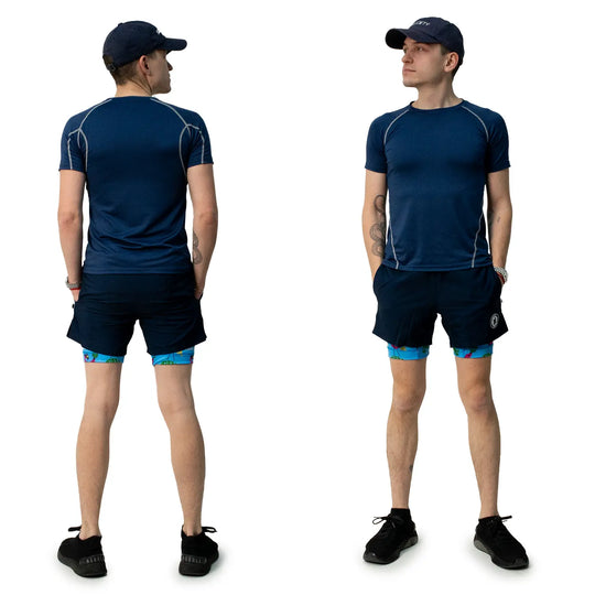 Mens 2-1 Compression Navy/flamingo liner 7" short