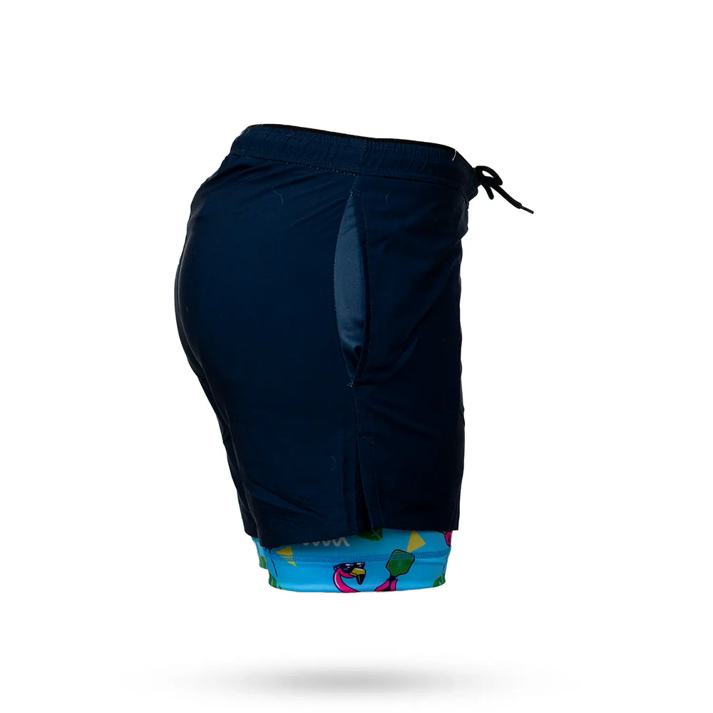 Mens 2-1 Compression Navy/flamingo liner 7" short