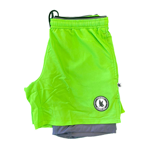 Mens 2-1 Solid Compression Neon Green with Charcoal Liner 7" Short