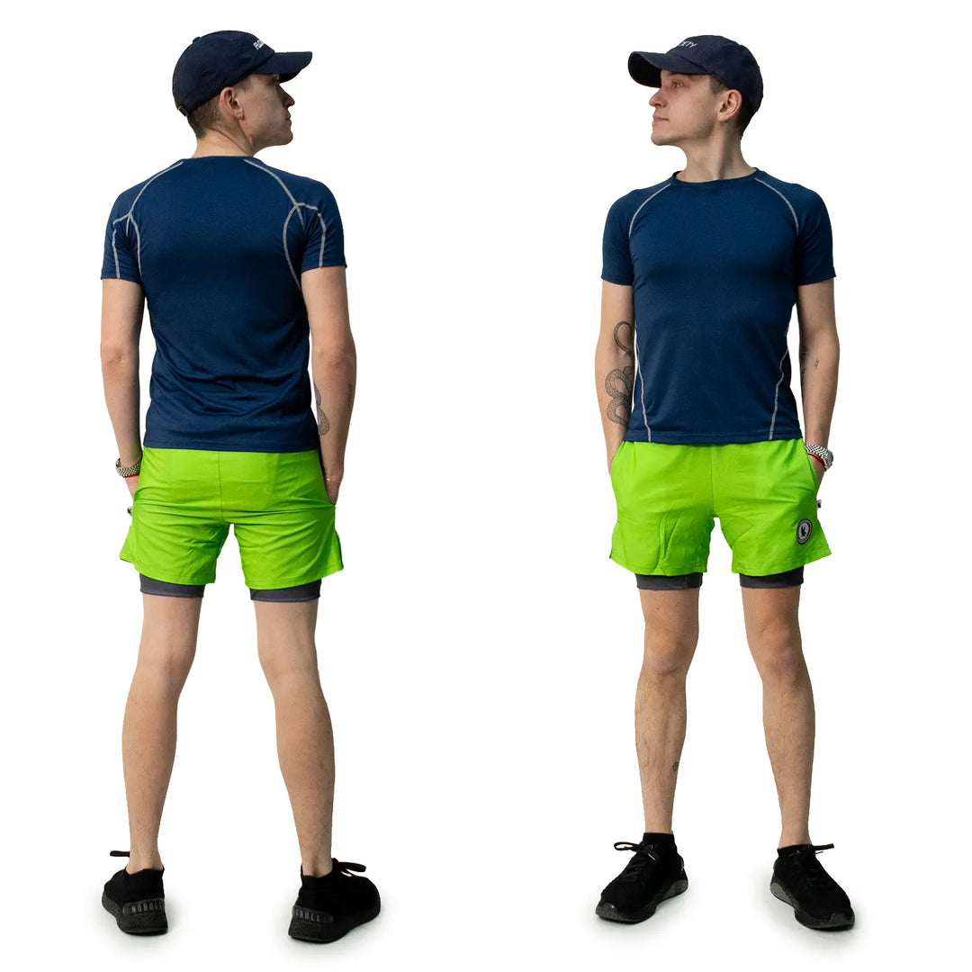Mens 2-1 Solid Compression Neon Green with Charcoal Liner 7" Short