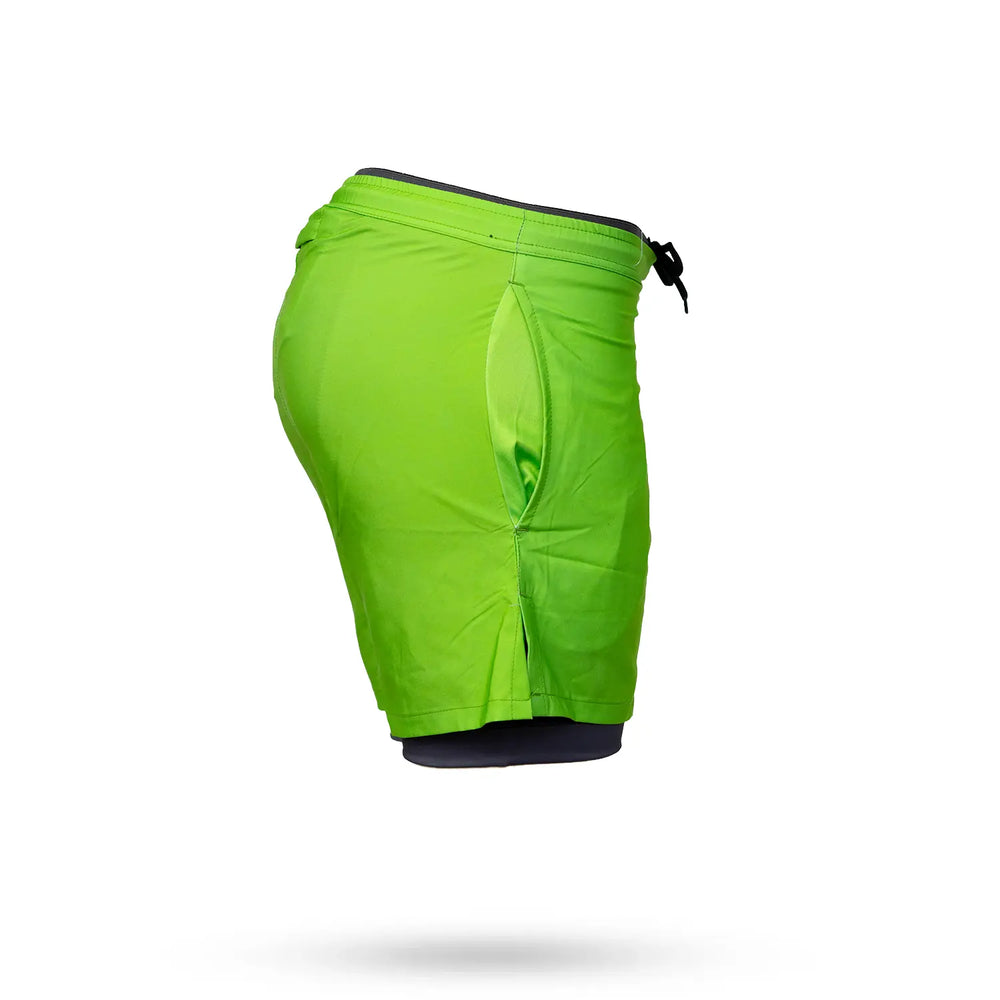 Mens 2-1 Solid Compression Neon Green with Charcoal Liner 7" Short