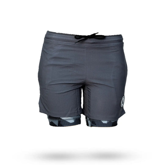 Mens 2-1 Compression Solid Charcoal Eagle Camo 7" Shorts
