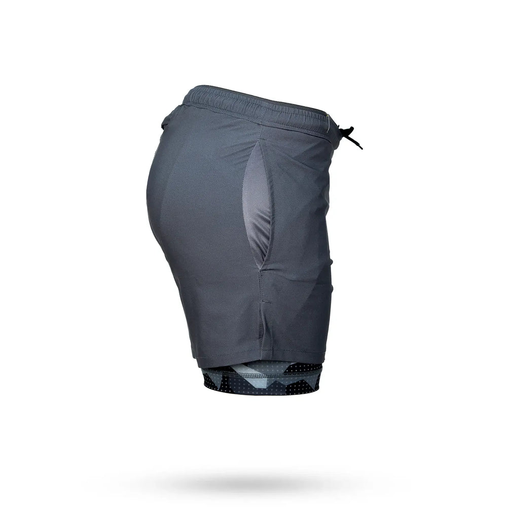 Mens 2-1 Compression Solid Charcoal Eagle Camo 7" Shorts