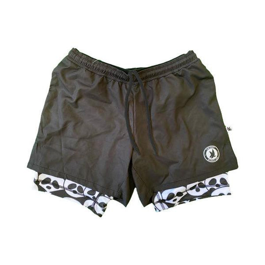 Mens 2-1 Compression Solid Black Panda 7" Shorts