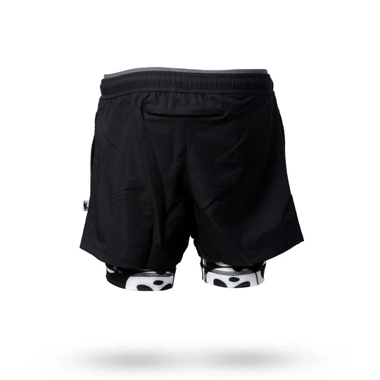 Mens 2-1 Compression Solid Black Panda 7" Shorts