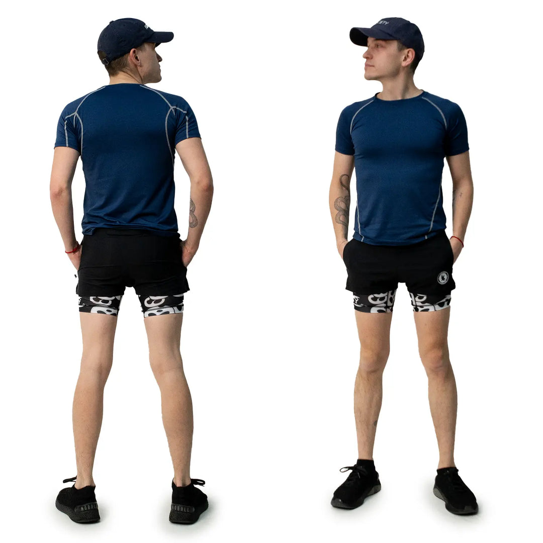 Mens 2-1 Compression Solid Black Panda 7" Shorts