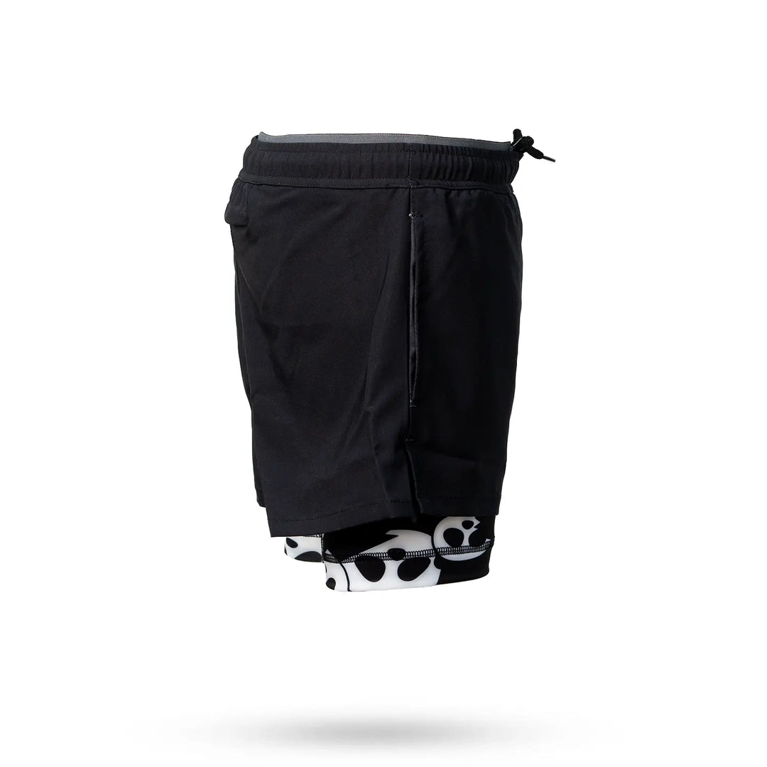 Mens 2-1 Compression Solid Black Panda 7" Shorts