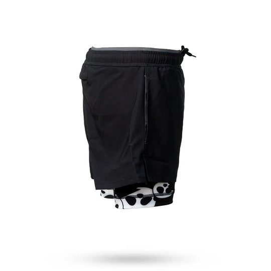 Mens 2-1 Compression Solid Black Panda 7" Shorts