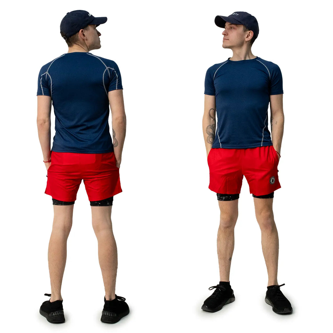 Mens 2-1 Compression Solid Red Rainmaker 7" Shorts