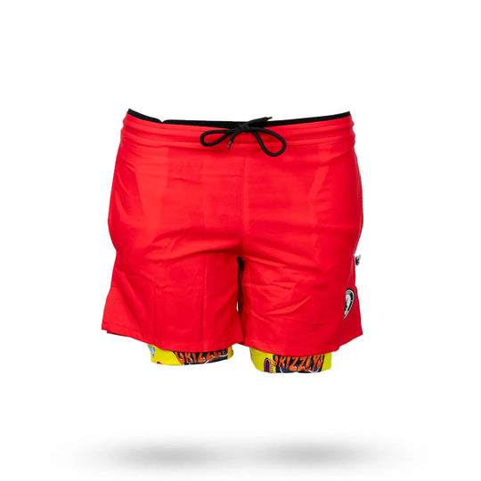 Mens 2-1 Solid Compression Red with Grizzly Paddle Liner 7" Short