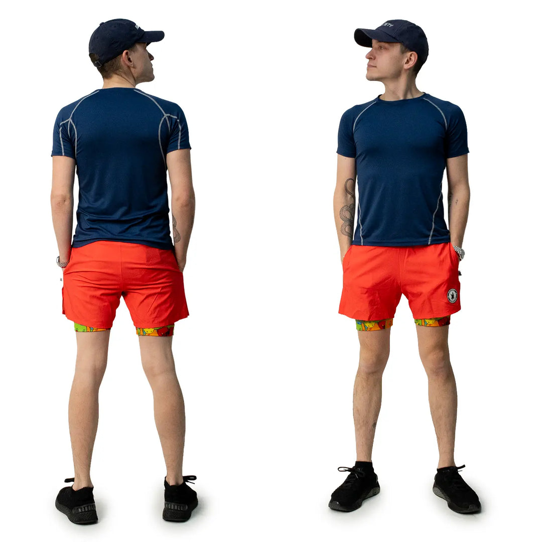 Mens 2-1 Solid Compression Red with Grizzly Paddle Liner 7" Short