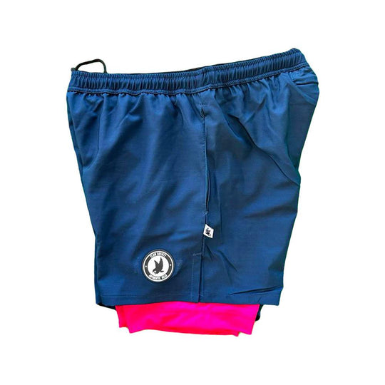 Mens 2-1 Solid Compression Navy with Neon Pink Liner 7" Short