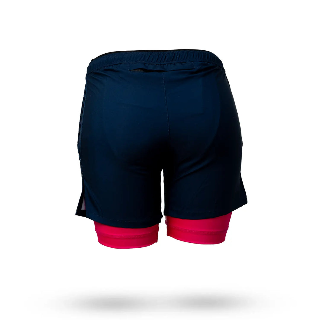 Mens 2-1 Solid Compression Navy with Neon Pink Liner 7" Short