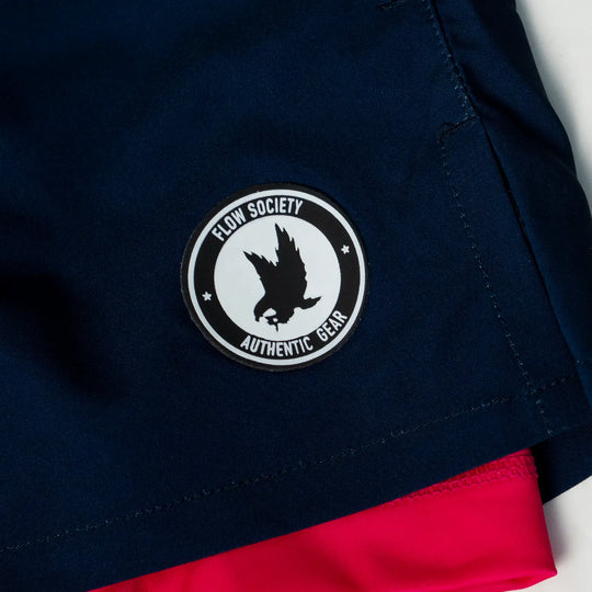 Mens 2-1 Solid Compression Navy with Neon Pink Liner 7" Short