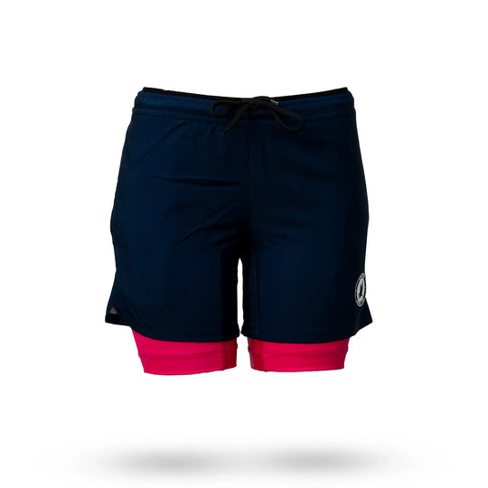 Mens 2-1 Solid Compression Navy with Neon Pink Liner 7" Short
