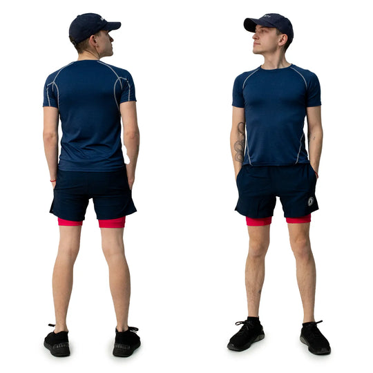 Mens 2-1 Solid Compression Navy with Neon Pink Liner 7" Short
