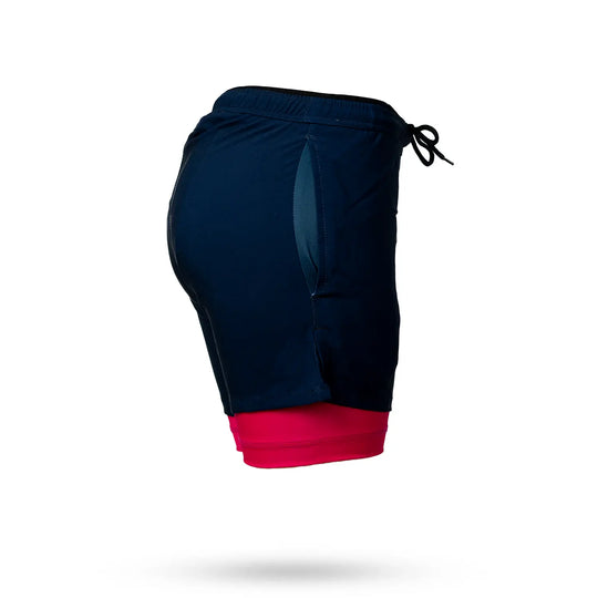 Mens 2-1 Solid Compression Navy with Neon Pink Liner 7" Short