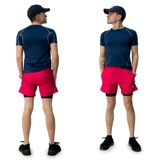 Mens 2-1 Solid Compression Neon Pink with Navy Liner 7" Short